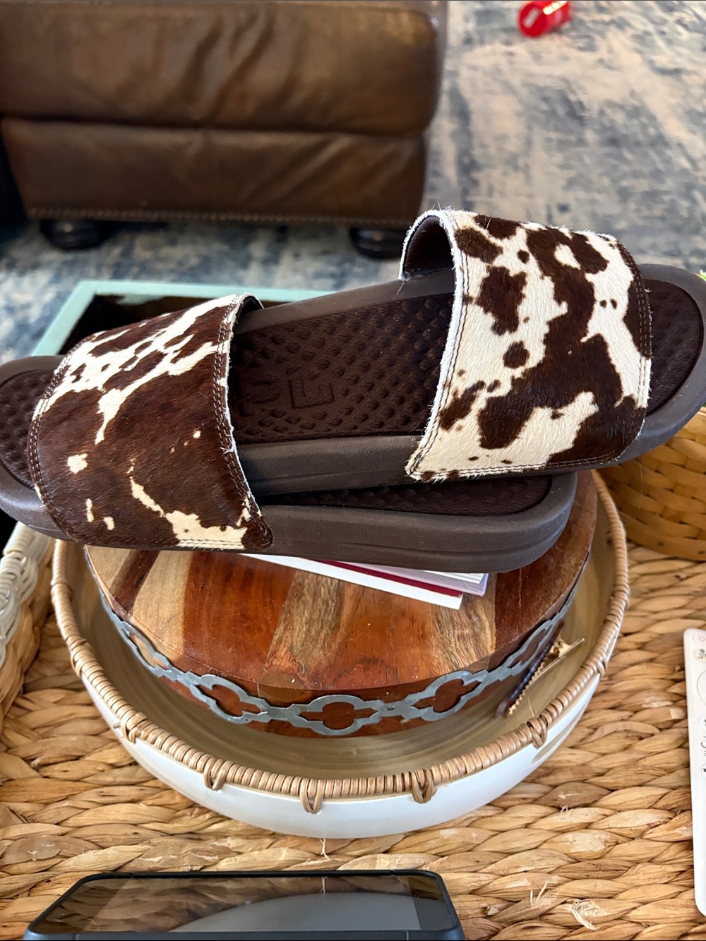 APL Women's Cow-Print Slide Sandals in Brown and White